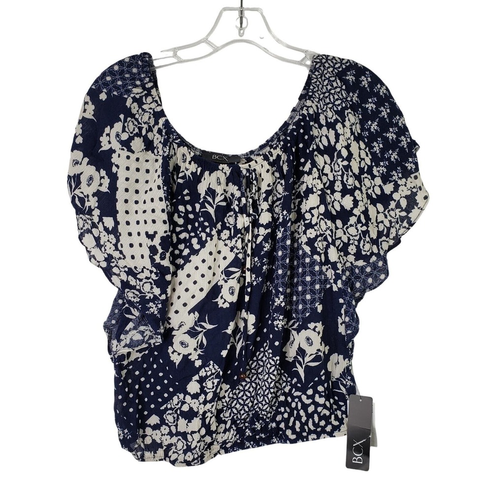 BCX Womens Small Blue White Floral‎ Patchwork Boho Off Shoulder Blouse Top